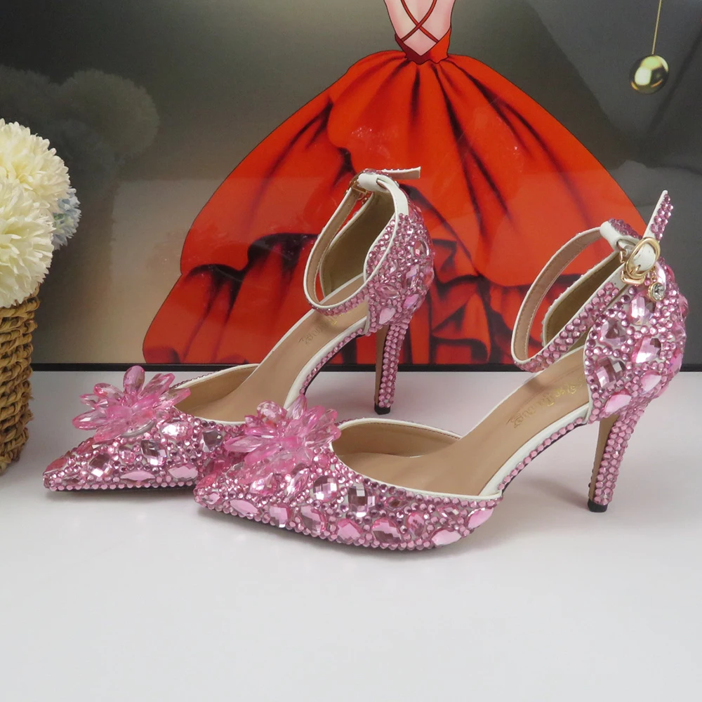 

Pink Crystal Bridals Fashin Shoes Pointed Toe Summer Sandals Woman Ankle Strap Buckle Party Shoes High Heel Shoes Sling Back