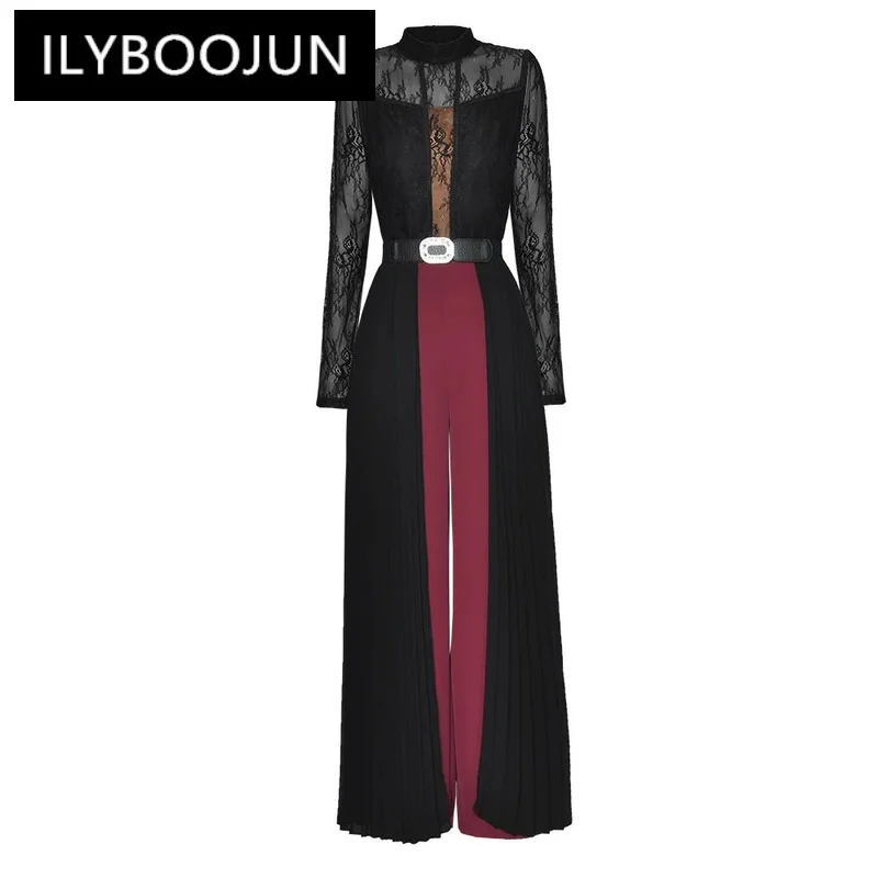 

ILYBOOJUN Summer High Quality Lace Jumpsuis Stripe Stand Neck Patchwork Sheer Long Sleeves Dignified High Waist Jumpsuits