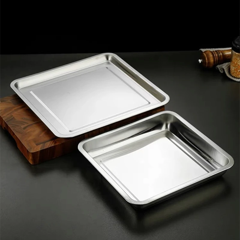 Square Stainless Steel Food Fruit Storage Tray Cake Barbecue Pastry Steamed Sausage Shallow Pans Plate Dish Kitchen Accessories 5