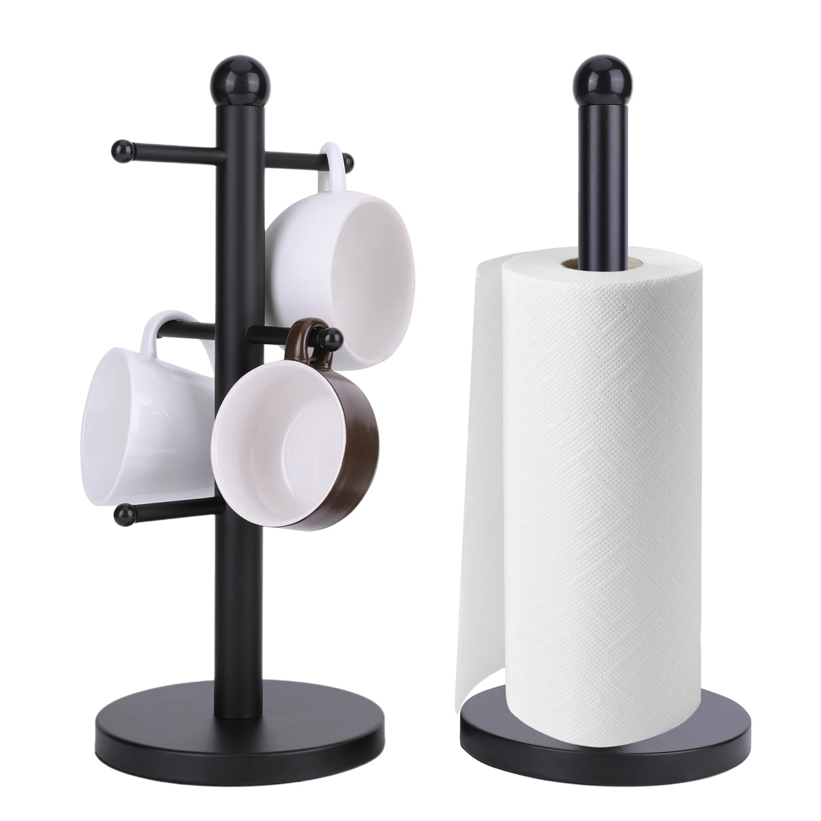 6 Cup Mug Holder with Paper Towel Roll Holder Free-Standing Cup Rack (Black): 3 - 5 Days Free Delivery Only UK