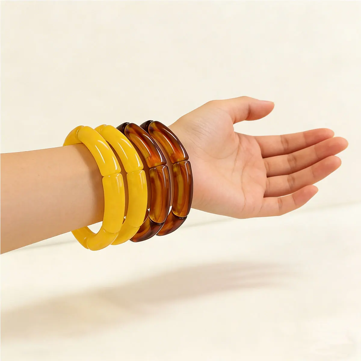 Fashion Acrylic 4PCS/Set Resin Amber Bamboo Bead Elastic Bracelet Bangles Tube Beads Handmake 2024 Trendy Designer Bracelet Set Image 2