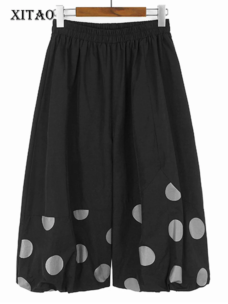 

XITAO Polka Dot Elastic Waist Calf Length Pants Patchwork Pleated Fashion Loose Casual All-match Women Wide Leg Pants DMJ3752