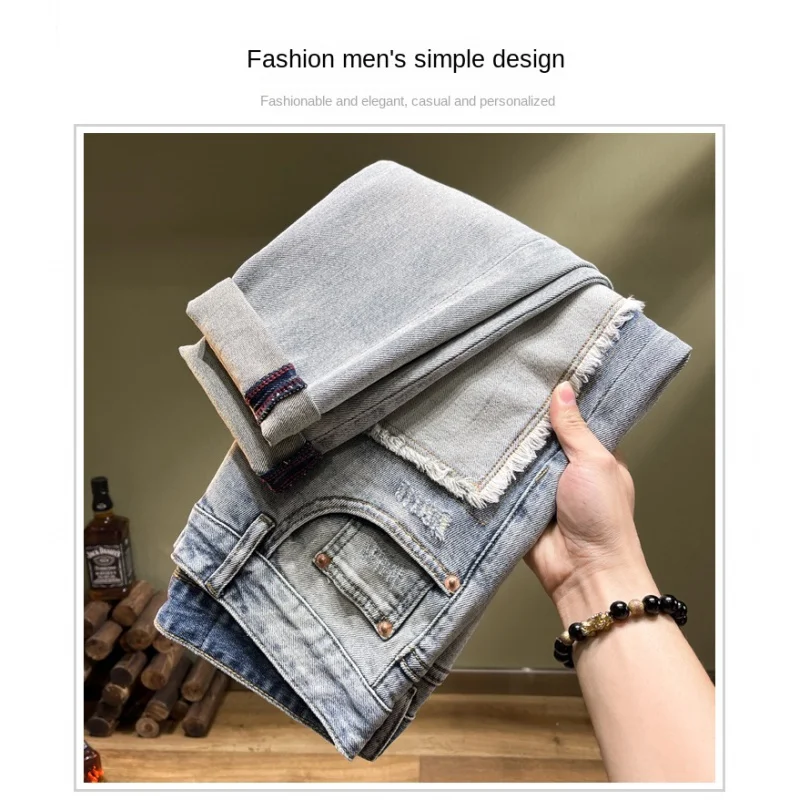 Retro street personality splicing men's jeans broken holes embroidery patches stretch Slim straight pants light blue summer new