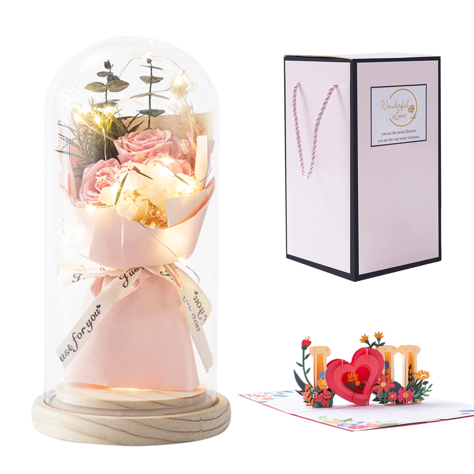 

Preserved Flowers Light Up Rose in Glass Dome Forever Flowers Pop Up Card Gift Set Valentine's Day Anniversary Birthday 1 Set