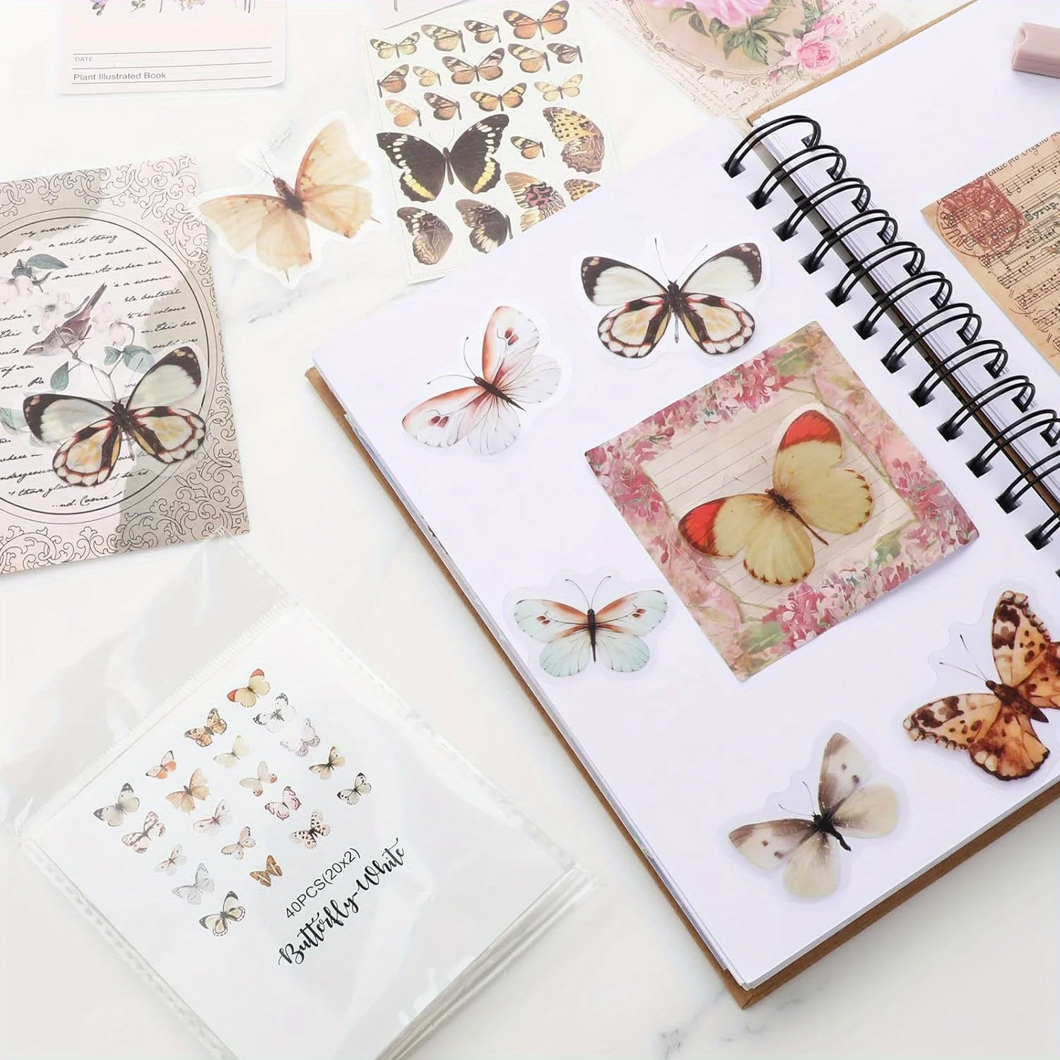 Elegant Butterfly Sticker Set - 40-Piece Transparent Waterproof Decals for Vintage Scrapbooking & Journaling