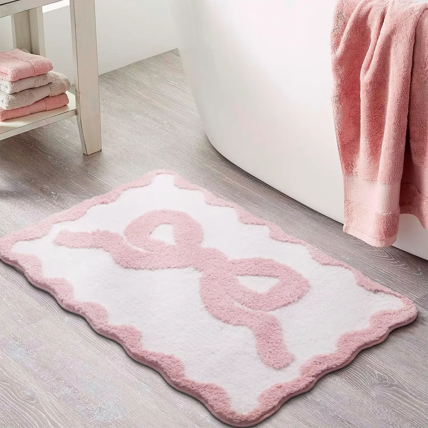 VIKAMA Niedliche Badematte mit rosa Schleife im Schulstil, rutschfest, dekorative Bodenmatte, ideal für Badezimmer und Eingangsbereiche – Detail 1