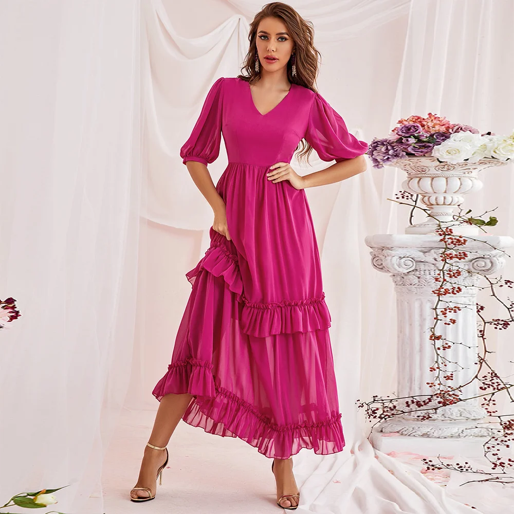 

European and American Women's Wear 2023 Foreign Trade Hot Sale V-neck Short Sleeve Cake Dress Summer Dress Woman 2023 Trendy