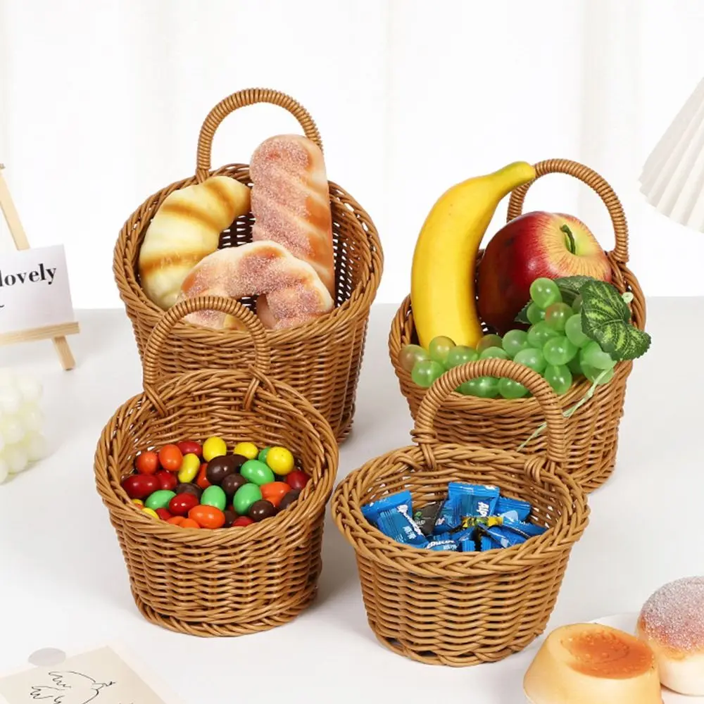 Imitation Rattan Kitchen Storage Basket Home Decoration with Handle Hand-woven Hanging Baskets Vegetable Fruit Flower Brown 2