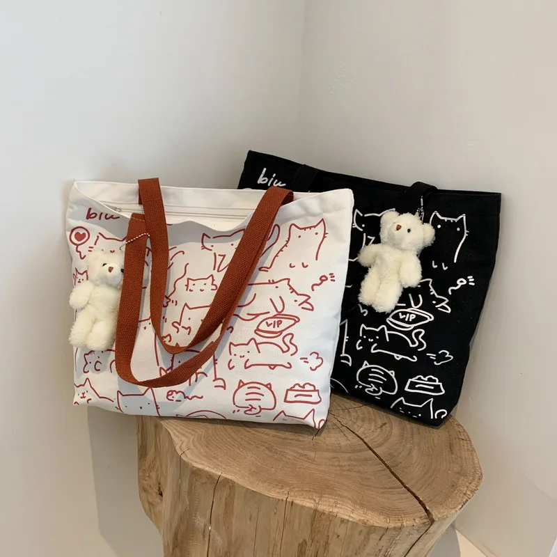 

2023 New Canvas Handbag for Women Shopper Cute Cat Tote Bag with Zipper Designer Bag Japanese Style Cartoon Small Shoulder