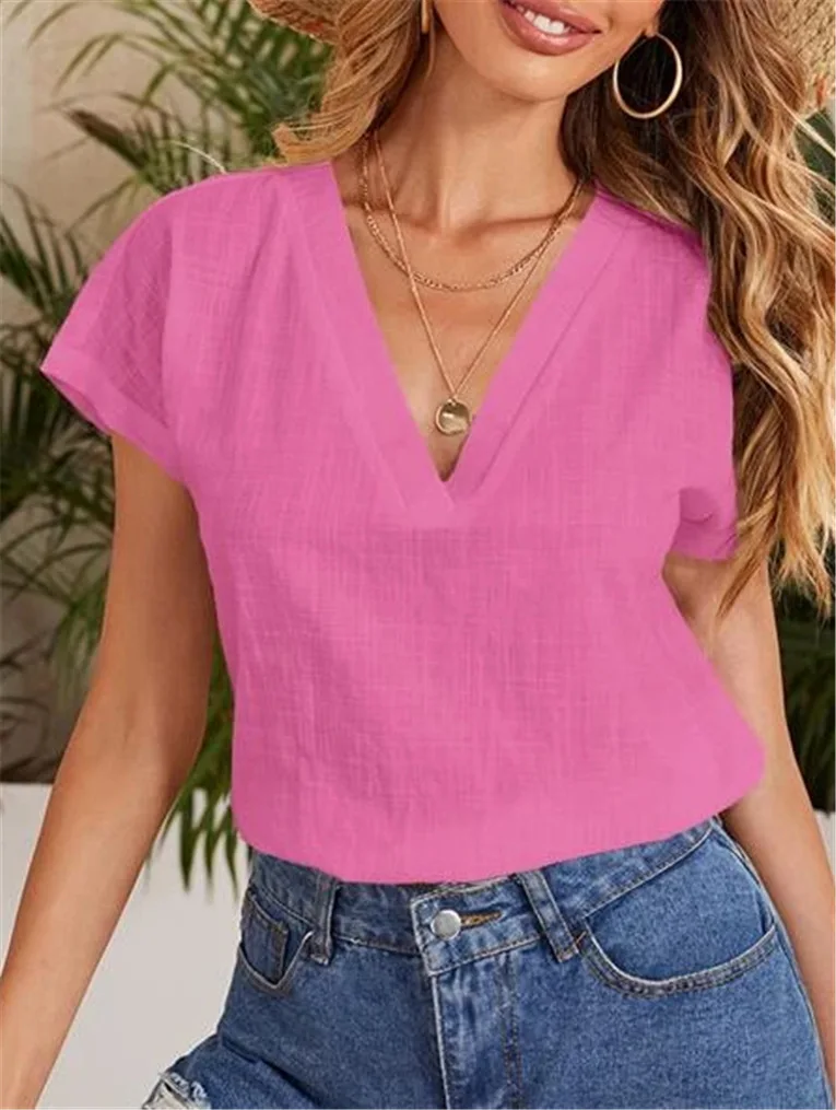 

Office Lady Pink Women's Top Short Sleeve Summer 2022 Fashion Casual Shirts Simple Short Sleeve Solid Color Cotton Linen Blouses