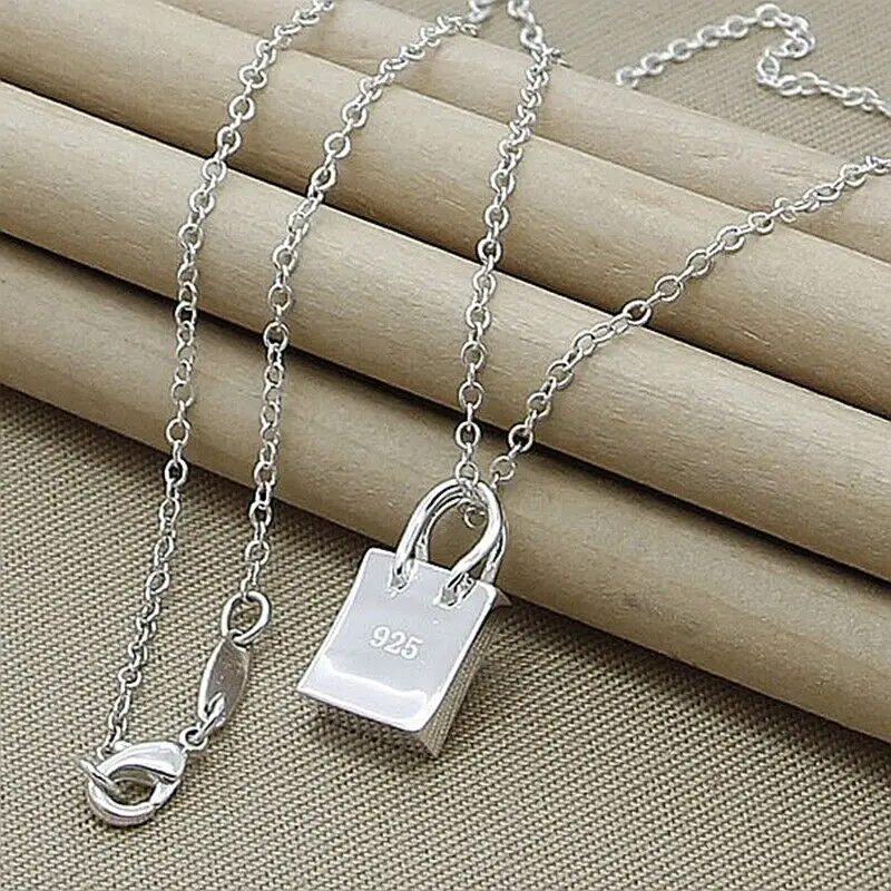 

Elegant 925 Sterling Silver Square Lock Pendant Necklace Chain Fashion Jewelry