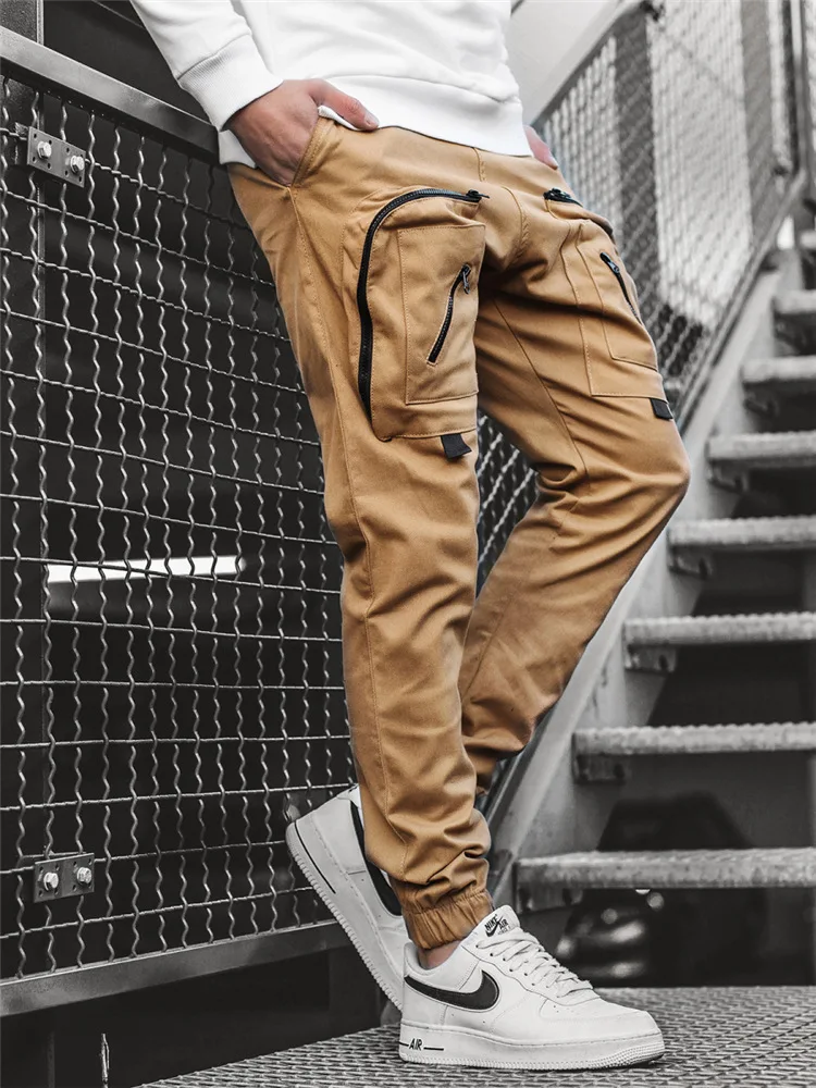 Rainbowtouches Fashion Brand Men's Cargo Pants Casual  Safari Style Tie Feet Trousers Solid Color Boys Overalls Superior Quality beige cargo pants