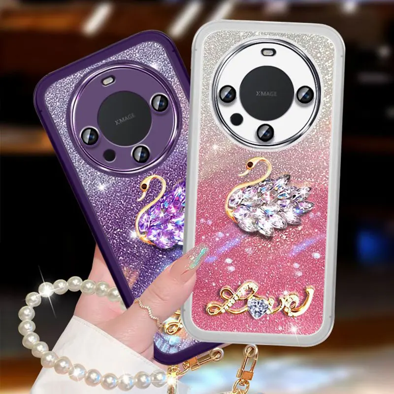 Diamond Swan Mate60, Hülle für Huawei Mate 60 Pro Plus 20 Nova Y61 Y 70 90 91 Perlenarmband Glitzerhülle Mate60 pro+_voghion.com