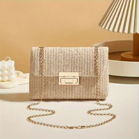 Woven Straw Handwoven Women’s Shoulder Bag, Fashion Solid Color Crossbody Purse with Lock Closure
