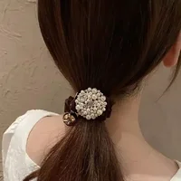 Pearl rhinestone head rope female ponytail vintage simple temperament high-grade sense hair rope leather band ball head large co - Image 2
