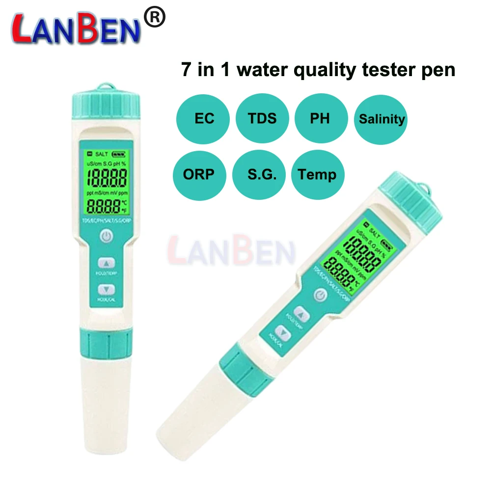 Water Quality Detector PH Meter 7 in 1 TDS EC ORP Salinity S.G Temperature for Drinking Water Aquariums