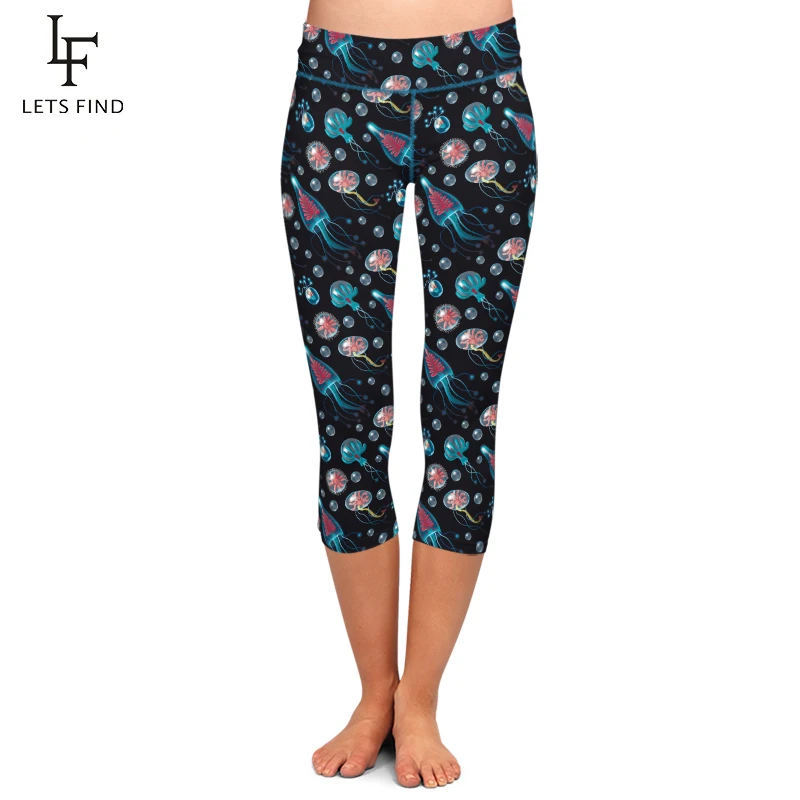 

Summer New High Waist Women Black Capri Leggings Jellyfish Print Elastic Mid-Calf 3/4 Stretch Casual Leggings