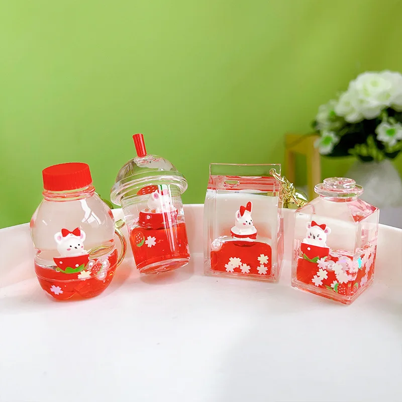 Liquid Oil Luminous Ice Cube Shape Keychain Cute Floating Quicksand Rabbit Keyring Women Girl Bag Pendant Key Chain Gifts 4