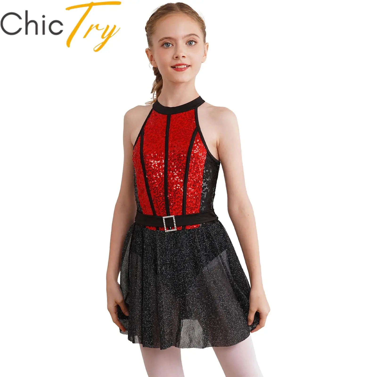 

Kids Girls Child Shiny Sequins Ballet Tutu Dress Lyrical Dancewear for Figure Skating Modern Latin Jazz Dancing Stage Costumes