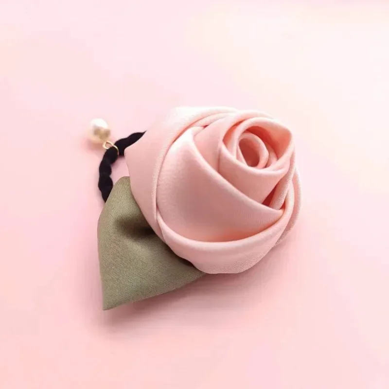 French Style Retro Rose Satin Hair Scrunchie - Artistic Glossy Floral Hair Accessory