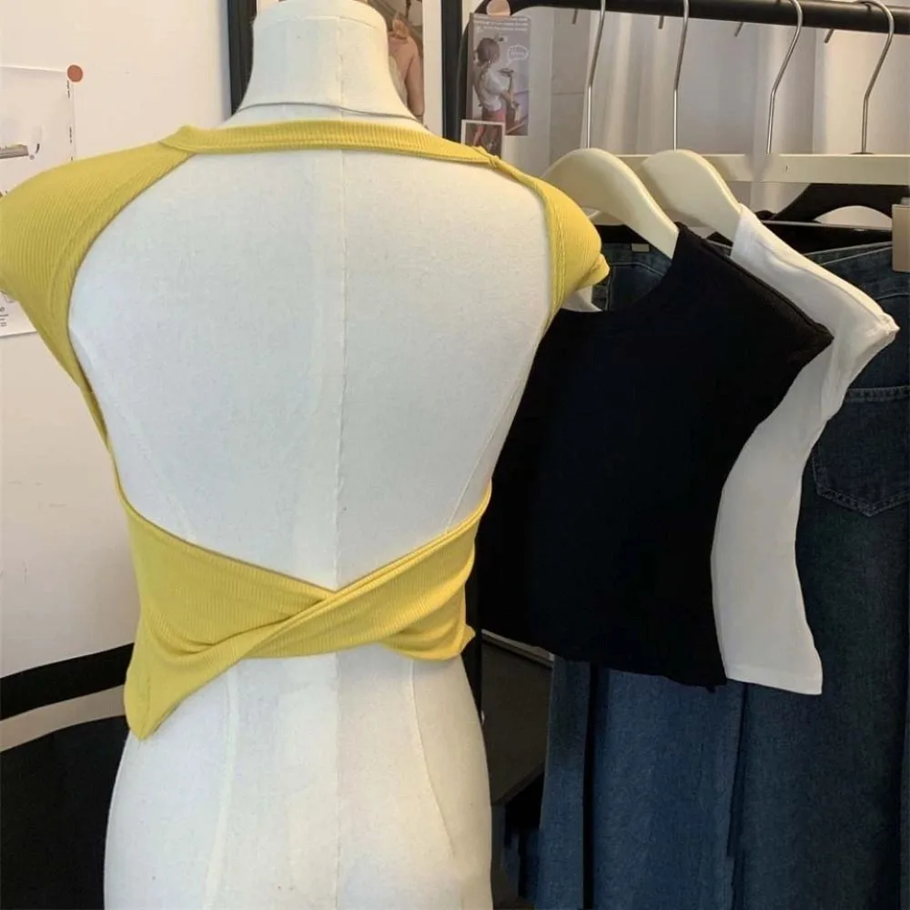 Solid Color Hollow out Beauty Back T-shirt Y2k Round Neck Slim Crop Tops Short Sleeve Bottoming Shirts Vest with Pads Summer