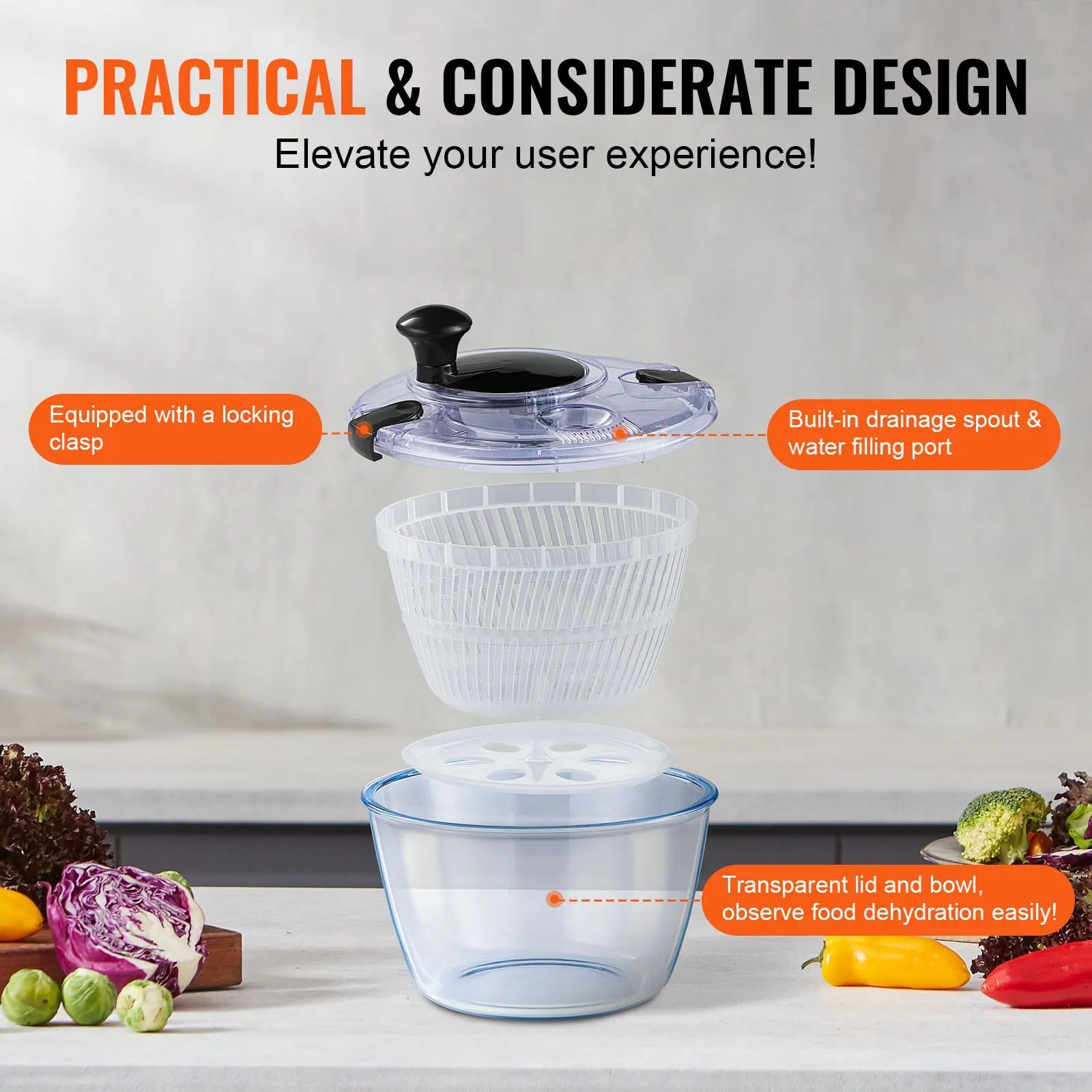NEW Glass Salad Spinner 4.75Qt One-handed Easy Press Large Vegetable Dryer Washer Lettuce Cleaner and Dryer with High Boros