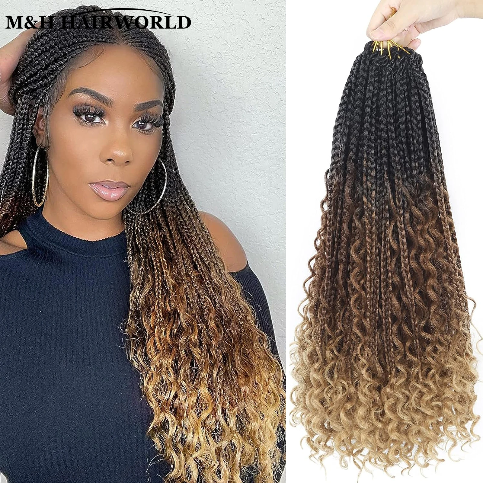 

24 Inch Boho Box Braids Crochet Hair Extensions For Women Synthetic Goddess Bohemian Hippie Braids with Curly Ends Braiding Hair