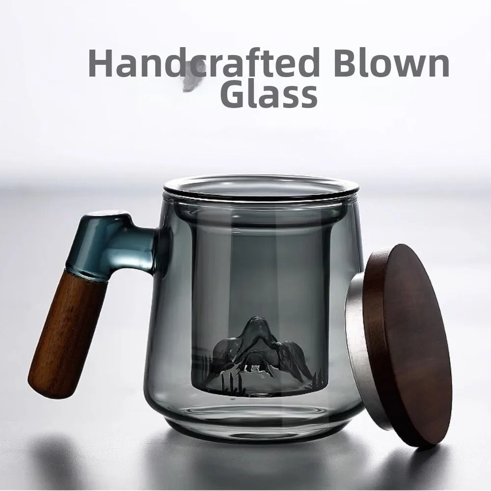 High Borosilicate Glass Glass Tea Cup with Tea Infuser with Lid Wood Handle Tea Separation Mug Handmade Heat Resistant Tea Maker