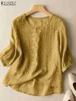 ZANZEA Elegant Women Embroidered Blouses Autumn 2024 3/4 Puff Sleeve Transparent Blusas Mujer Casual Vintage Cotton Shirts Tops - Image 2