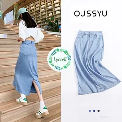 Summer Soft Lyocell Jeans Skirt Women High Waist Straight Skirt  Mid Length Denim Forking Skirt Womens Y2k Fashion Streetwear