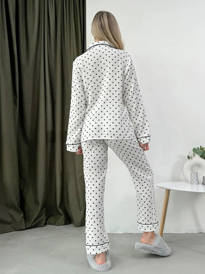Marthaqiqi Cotton Printing Female Sleepwear Suit Sexy Turn-Down Collar Pajamas Long Sleeve Nightgowns Pants Casual Nightwear Set