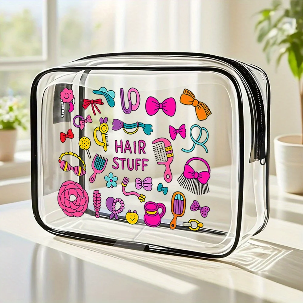 Clear Cosmetic Bag. Adorable hair-stuff design for travel, gym or beach. A perfect gift.