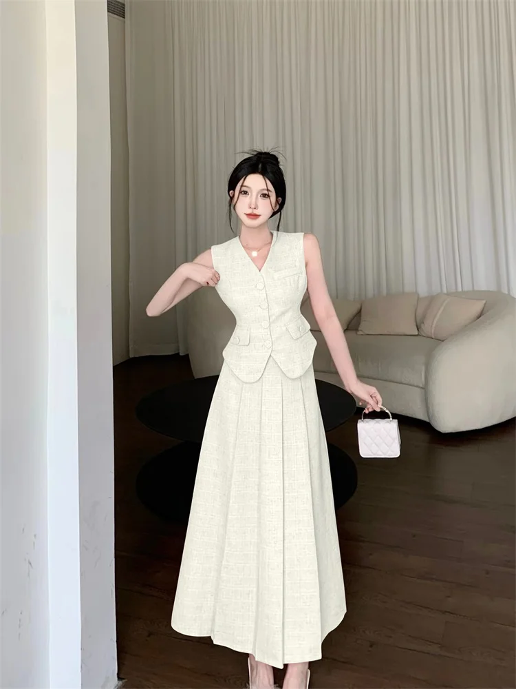 Small Fragrance Fashion Vintage Luxury Tweed Women's Vest Coat Outwear + High Waist Elegant Long Skirts Two Pieces Set Suit