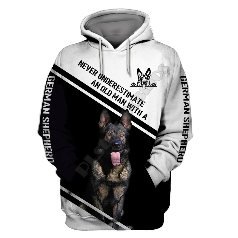 thumbnail image 1 of Nunca subestimes a un anciano con un pastor alemán Sudadera con capucha con estampado 3D por todas partes Chándal de calle Love Dog 01, 1 of 5