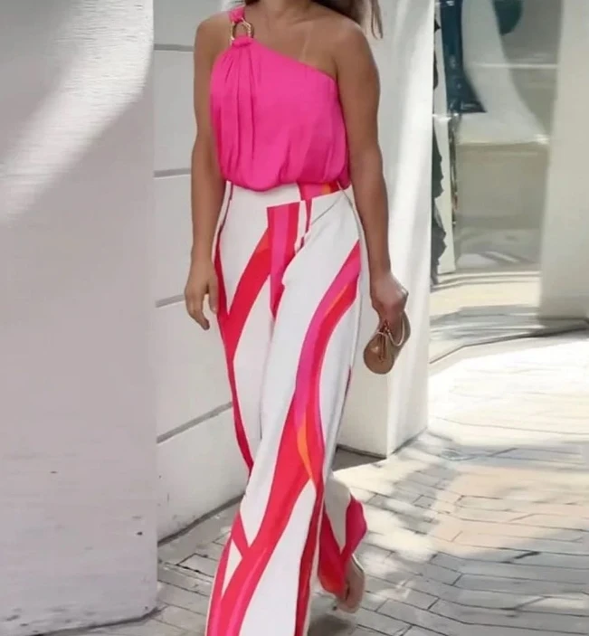 

Sexy Women's Pants Set 2024 Summer Diagonal Collar Shoulder Strap Striped Printed Vest Top High Waist Wide Leg Pants Set