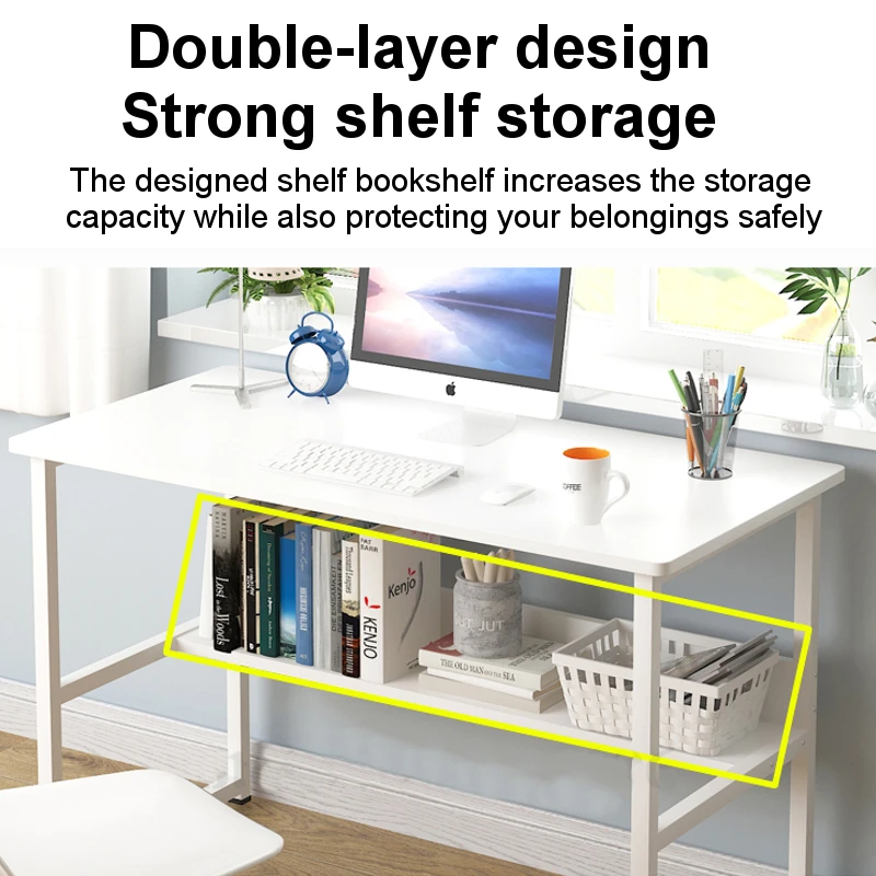 Wooden Computer Desk With 2 Layers Storage Rack High Gloss Living Room Kitchen Dining Versatile White Modern Rectangle Table 4