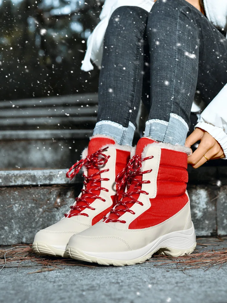 

Women's high top warm snow boots with thickened sole for cushioning and pressure relief. Walking shoes with lace up are versatil