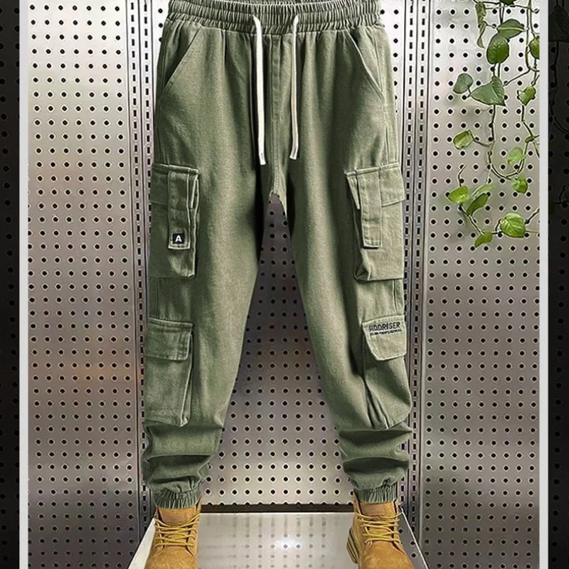 2023 New Men's Clothing Trousers Cargo Mid Waist Drawstring Spring Autumn Fashion Casual Solid Color Pockets All-match Pants
