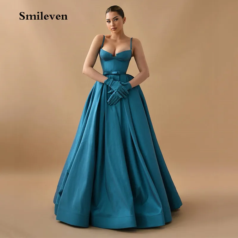 

Smileven Blue Saudi Arabia Spathetti Straps Evening Dresses Without Gloves Prom Party Dress Pleats Cocktail Gowns