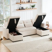 Диван U-образный диван с спальным местом и подстаканником, диван для отдыха с ящиком для хранения, хлопчатобумажные и льняные ткани