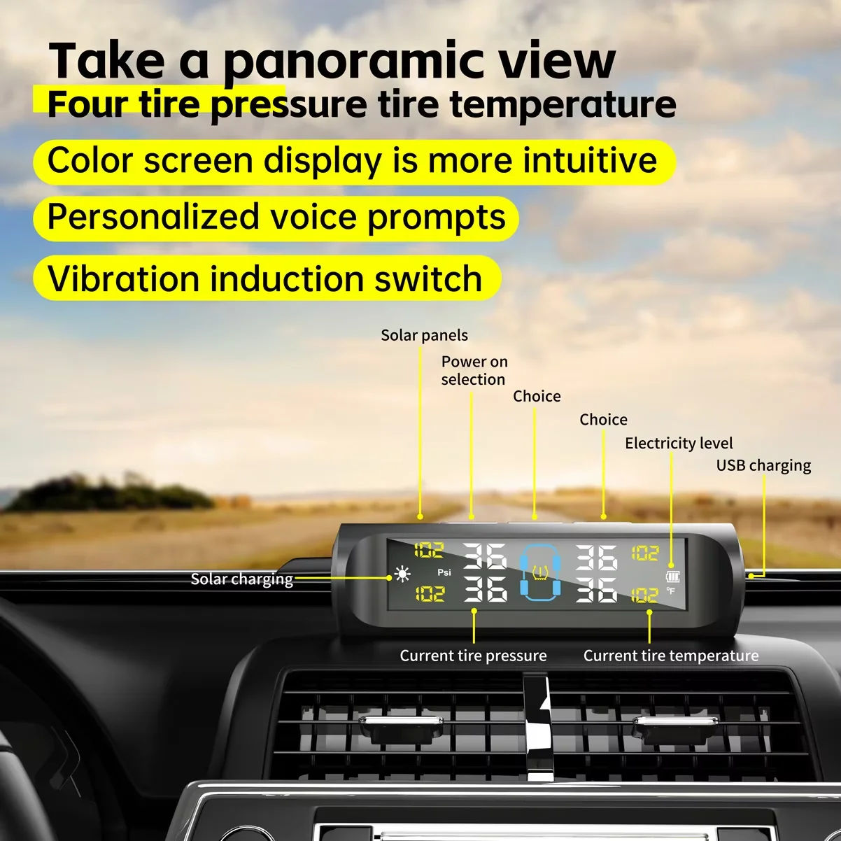 Solar-Powered Car Tire Pressure Monitoring System with 4 External Sensors and Alarm