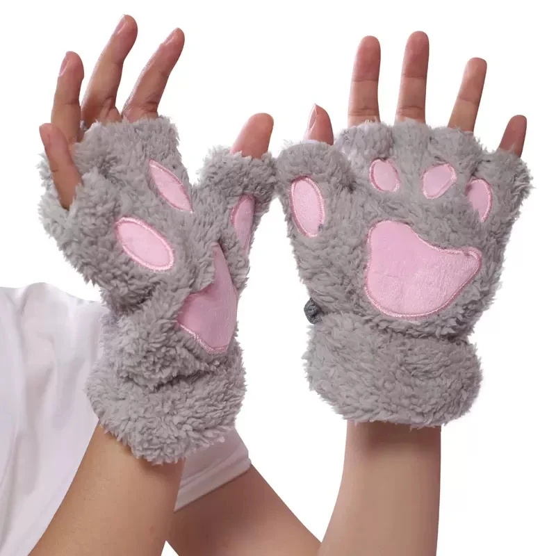 Cartoon Winter Gloves Women's Bear Plush Cat Paw Claw Gloves Cute Short Fingerless Fluffy Bear Claw Mittens For Girls Gift Party