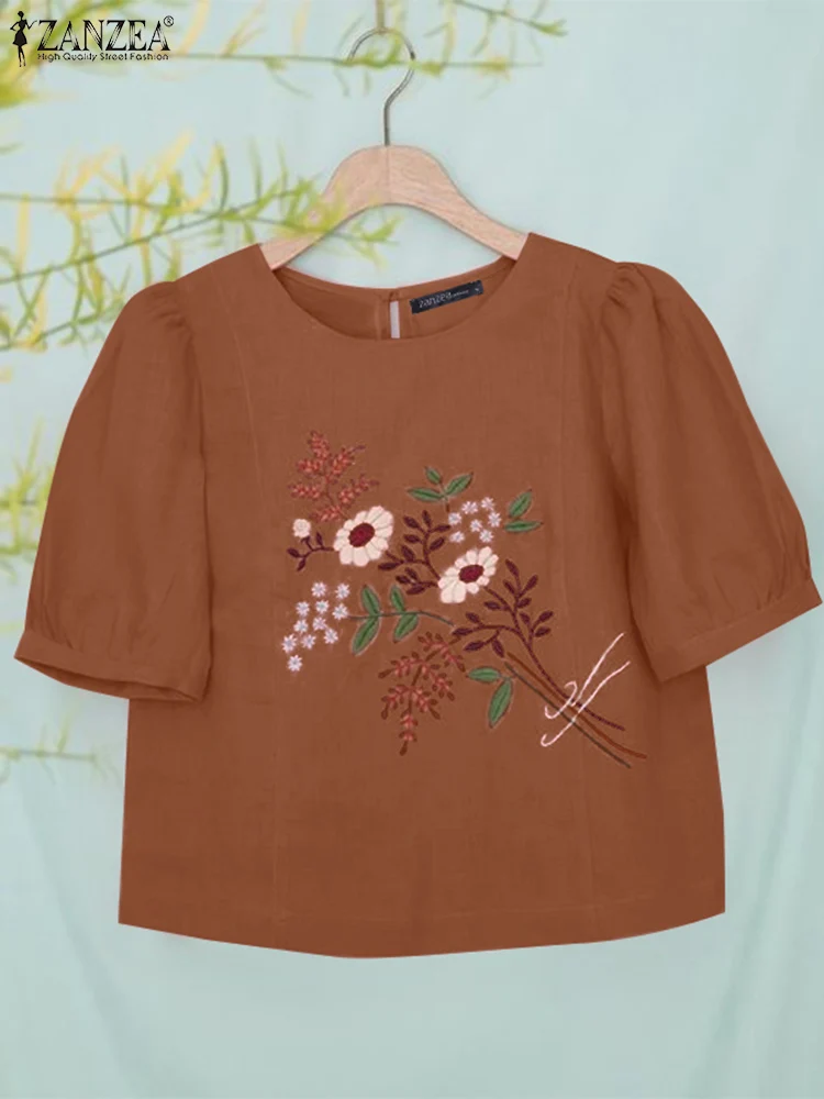 

Блузка ZANZEA женская с цветочной вышивкой, модная Повседневная рубашка с коротким рукавом-фонариком, топ для отдыха, 2024