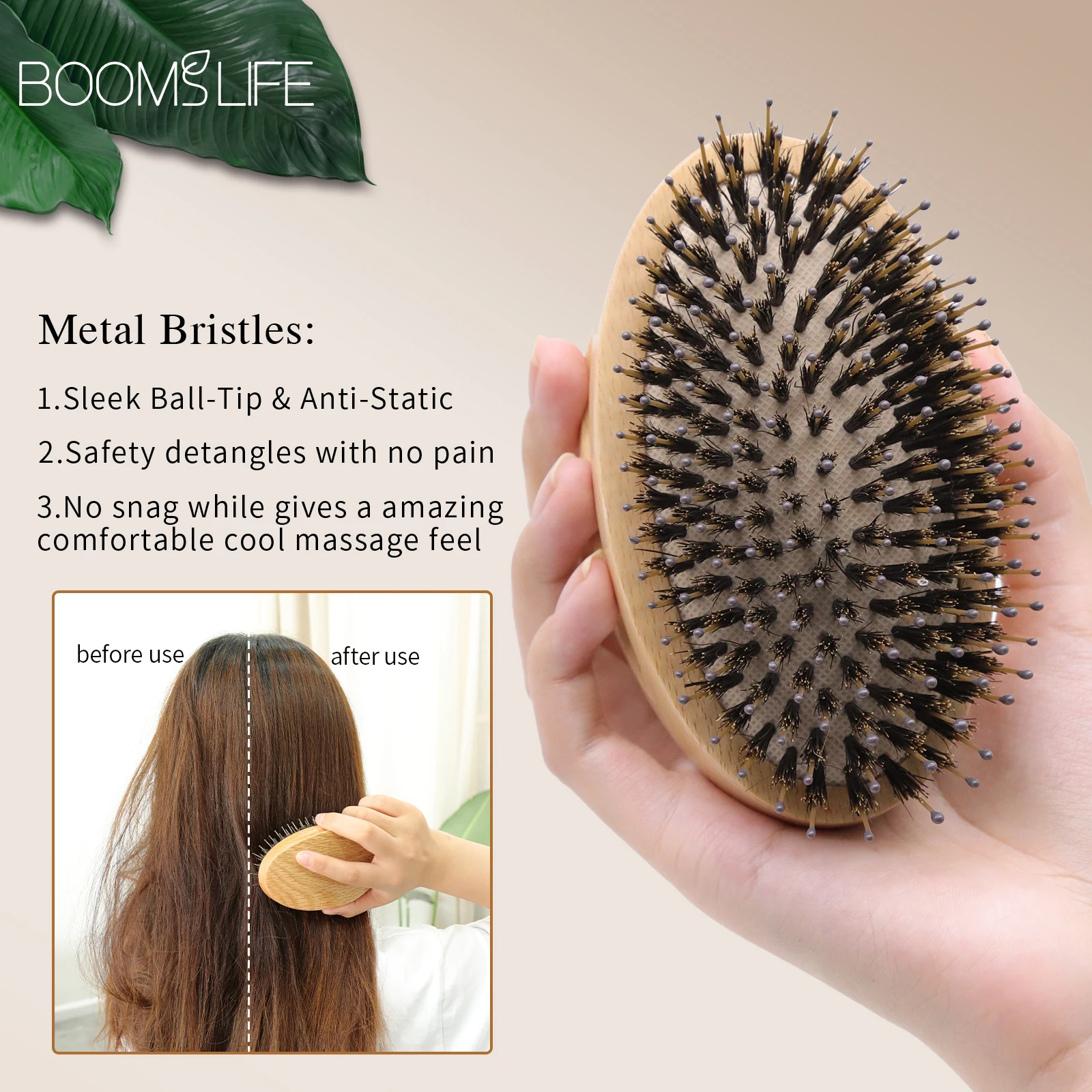 

Boar Bristle Hair Brush Women Anti-Static OAK Wooden Comb Head Scalp Massage Brush Portable Travel Round Imperial Concubine Comb
