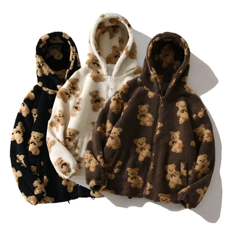 

Teddy Print Plush Jacket Women Winter 2022 Female Korean Fluffy Hooded Coat Harajuku Bear hick Warm Couple Streetwear Outerwear