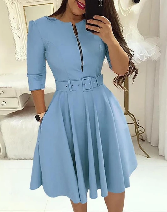 

2024 Summer New Solid Color Zipper Printed Dress with Waist Closure Zipper Medium and Long Sleeved Dress for Women with Belt