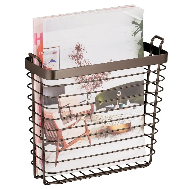 Metal Wire Wall Mount Magazine Holder, Storage Organizer Rack - Bronze