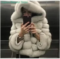 2025 New Luxury Faux Fox Fur Coat Women Short Winter Jacket with Big Fur Hood Thick Warm Overcoat Fashion Flurry Fake Fur Coats 1