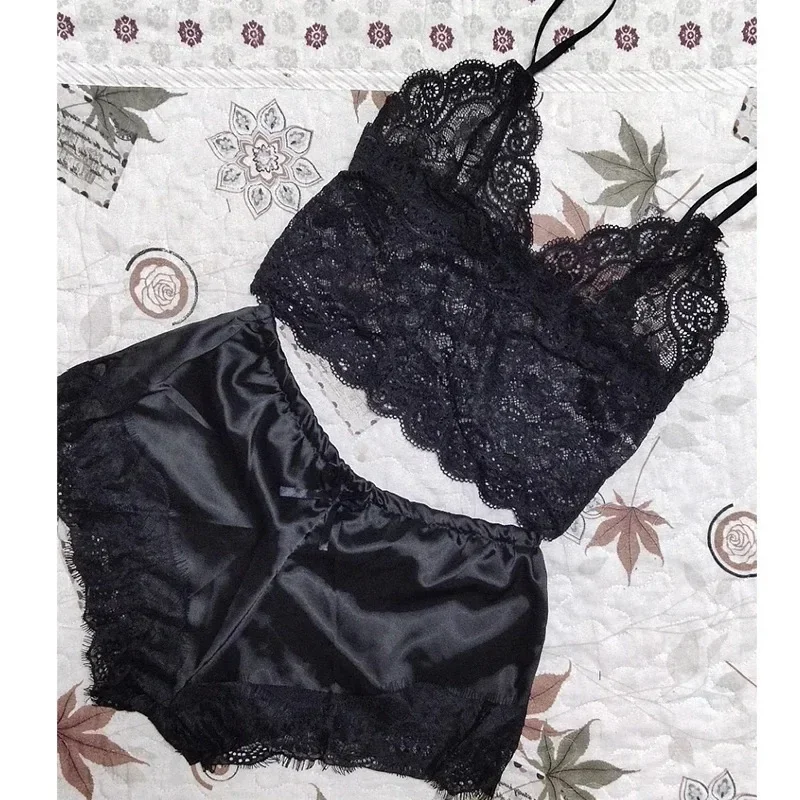 Sleepwear Lingerie Set Lace Sleepwear Set Womens 2 Pcs Sexy Transparent Sleeveless Tops Silk Shorts Pajamas Nightwear S-3XL Female two pieces set