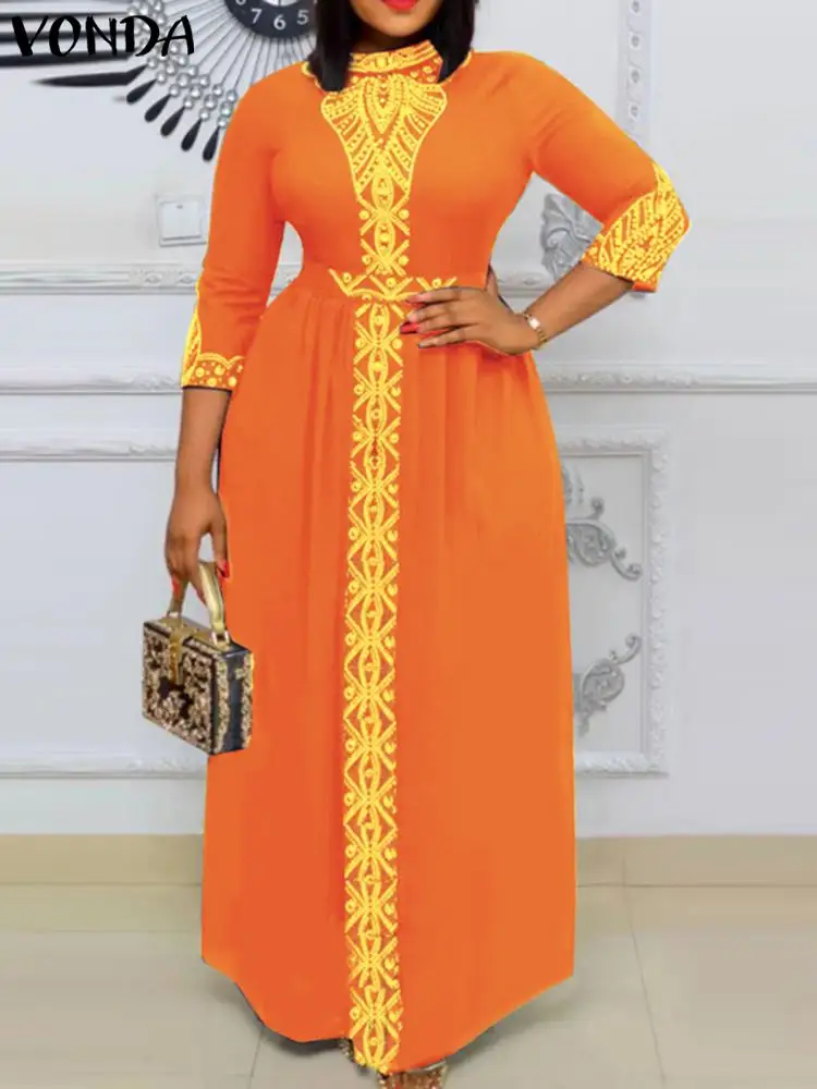 

Oversized VONDA Women Summer Sundress Vintage Printed Maxi Dress Stand Collar Casual Loose 3/4 Sleeve Bohemian Long Robe Belted
